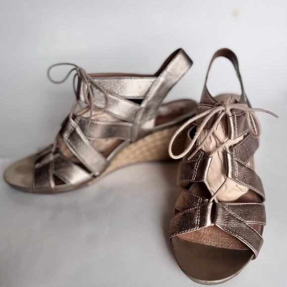 Clarks Acina Chester Metallic Leather Sandals Wedges Gladiator Lace Up 10W - Picture 3 of 10